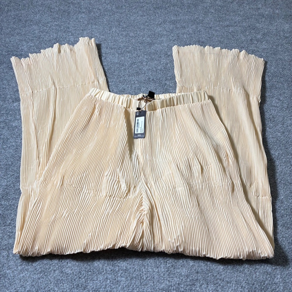 PrettyLittleThing Cream Pleated Wide Leg‎ High Waisted Trousers Pants Sz.8